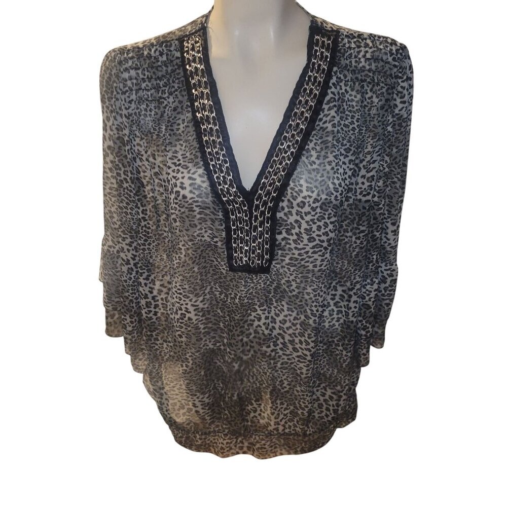 Sheer Leopard Print Tunic Top With Black Chain Trim V-Neckline Womens 2X Evoluti